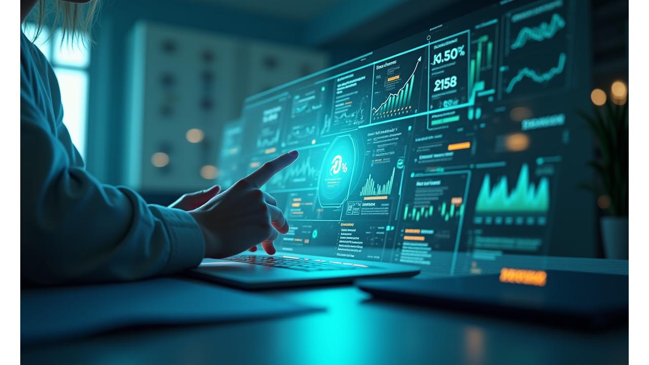 Futuristic holographic display showing a personalized learning path with data points and AI interaction, symbolizing FinLykke Edu's advanced AI finance education platform.