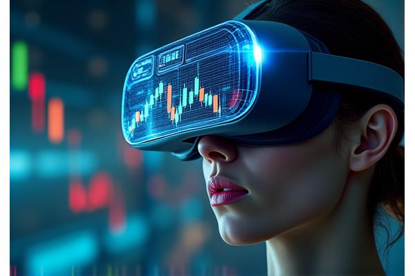 A person wearing a VR headset interacts with an augmented reality financial dashboard showing stock charts and economic indicators.
