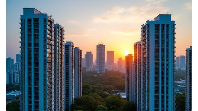 Modern Singapore skyline at sunset